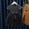 Summer Children's Clothing Solid Color Short Sleeved Girl's Princess Gauze Dress Fashionable Fluffy Spliced Cake Dress 1-7Y