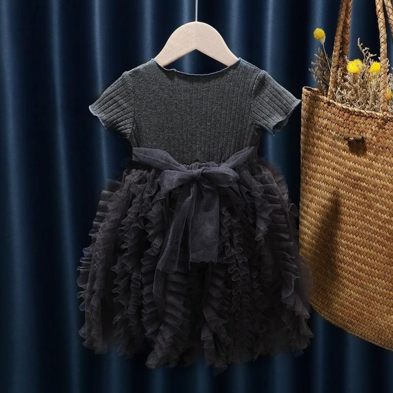 Summer Children's Clothing Solid Color Short Sleeved Girl's Princess Gauze Dress Fashionable Fluffy Spliced Cake Dress 1-7Y