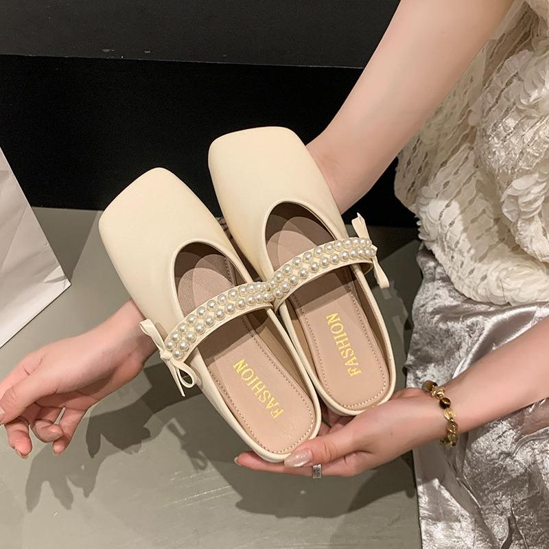 Fashion Baotou Semi-slippers Women Spring and Summer Wear New Square Toe Shallow Mouth Pearl Bow Soft Bottom Non-slip Cool Mop