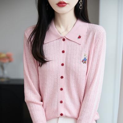 A Women's Twisted Knitted Shirt Paired with A Soft, Elastic and Warm Sweater Top, POLO Collar Embroidered Knitted Cardigan