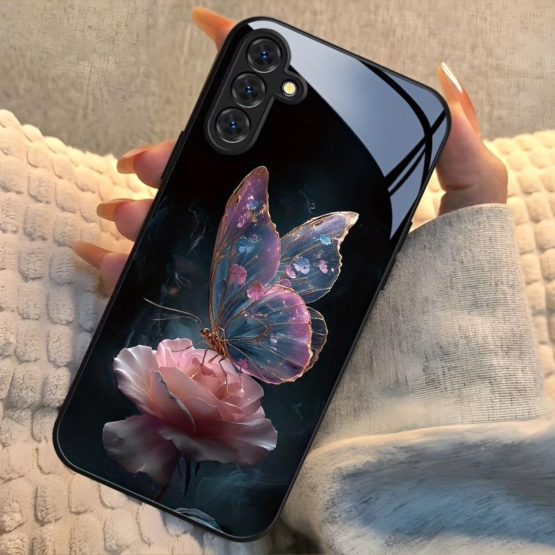 The Butterfly Glass Phone Case On the Pink Rose Is Suitable for Samsung Galaxy S26 S25 S24 S22 S21 S20 FE/Ultra/Plus Anti Drop