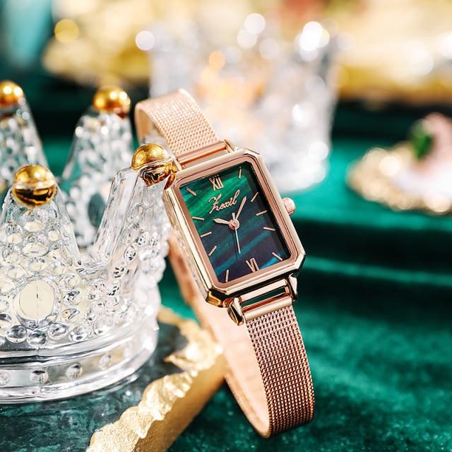 Women Watches Fashion Square Ladies Casual Quartz Watch Bracelet Set Green Dial Simple Rose Gold Mesh Watches