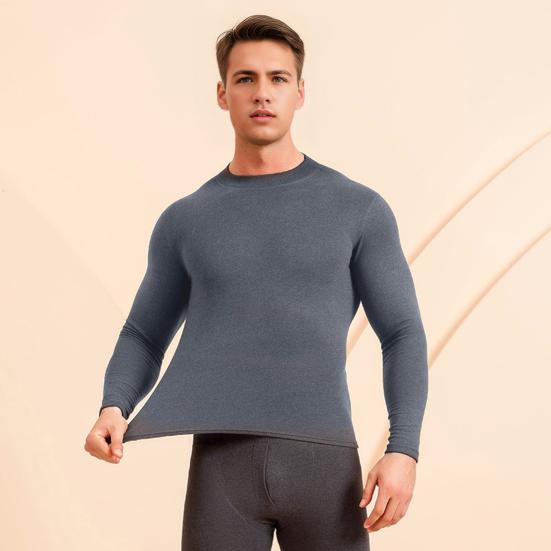 2Pcs/Set Men Warm Outfit O-Neck Long Sleeve Thermal Top High Waist Long Trousers
