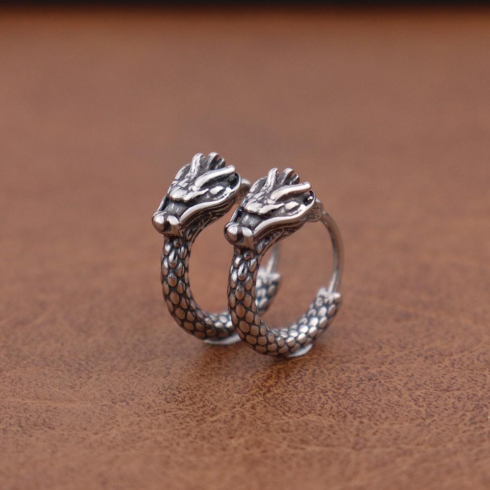 Vintage 316L Stainless Steel Dragon Hoop Earring for Men Women Punk Hip Hop Style China Dragon Huggie Earrings Jewelry