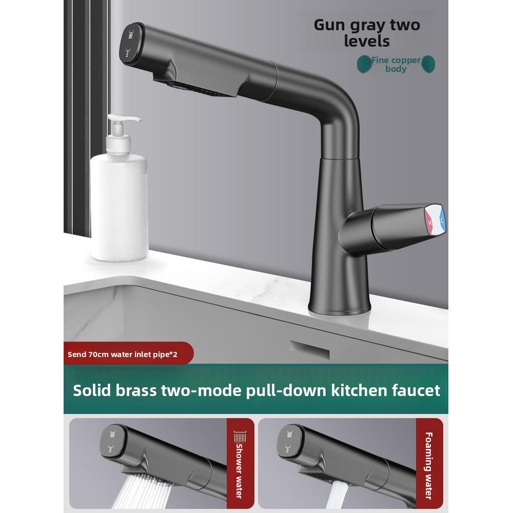 Premium Brass Pull-Out Basin Faucet, Liftable & Rotatable Spout Mixer Tap with Dual Spray Options, Hot Cold Water Control серый
