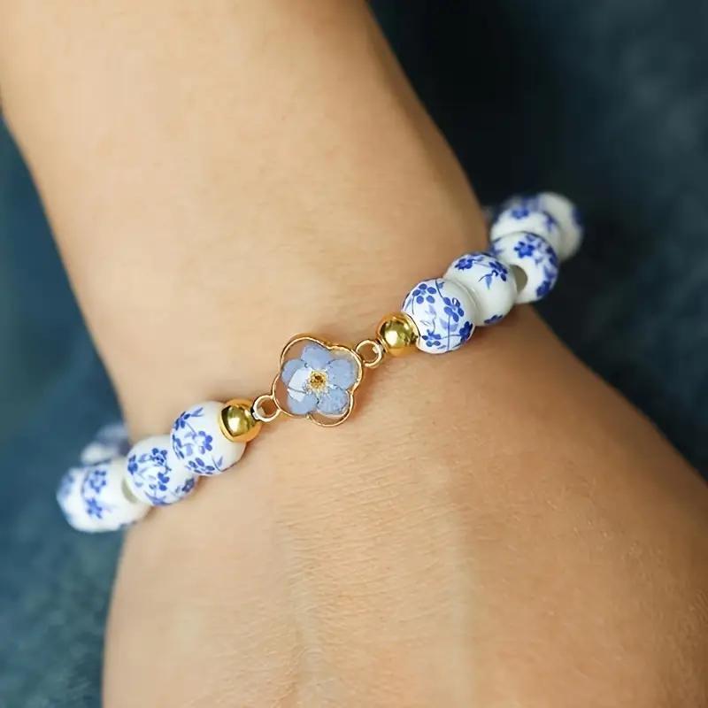 Vintage Blue and White Porcelain Bracelet for Women Ceramic Metal Beads Bowknot Strand Bangle Party Daily Jewelry Accessories