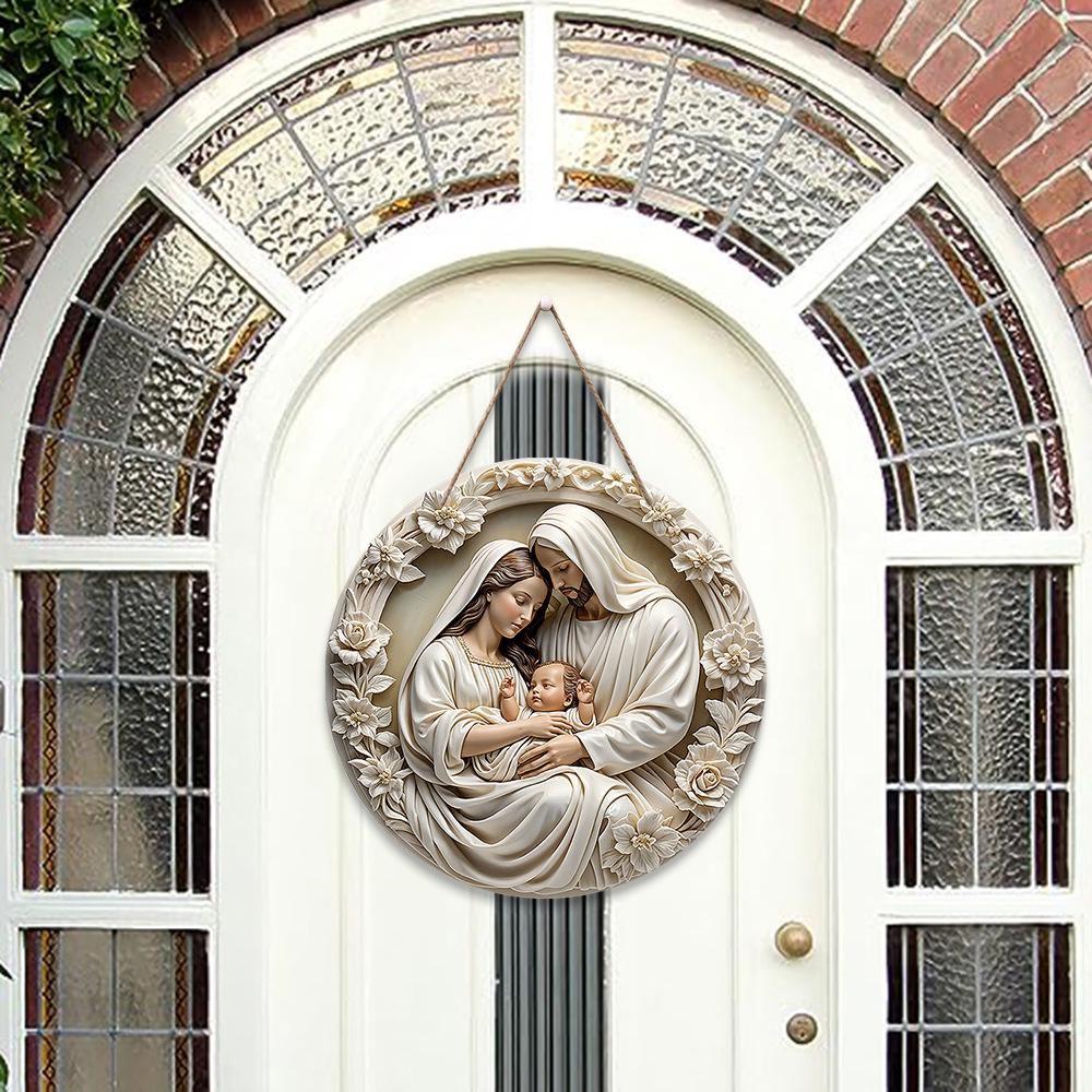 American Country Round Wooden Nativity Resurrection Sign Decor for Family Baptism