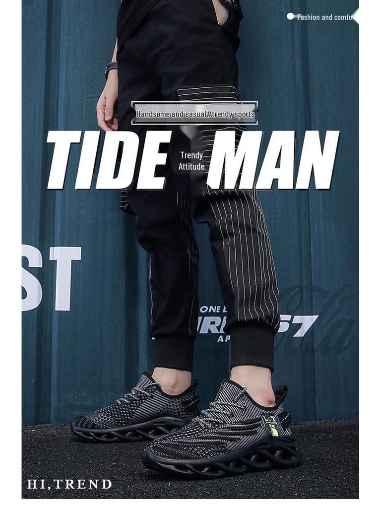 Men's 48 Size Flyknit Breathable Mesh Casual Shoes - Spring/Summer Trendy with Twisted Sole and Shock Absorption.