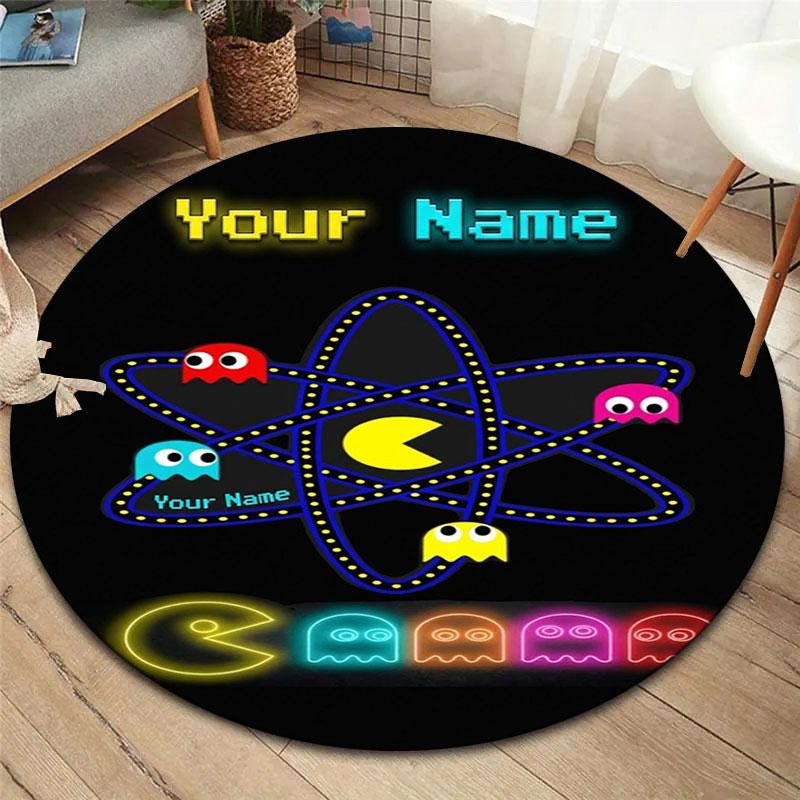 Pac-Man Custom Name Round Area Rug,Carpet Rug for Living Room Bedroom Sofa Playroom Decor,Non-slip Floor Mat