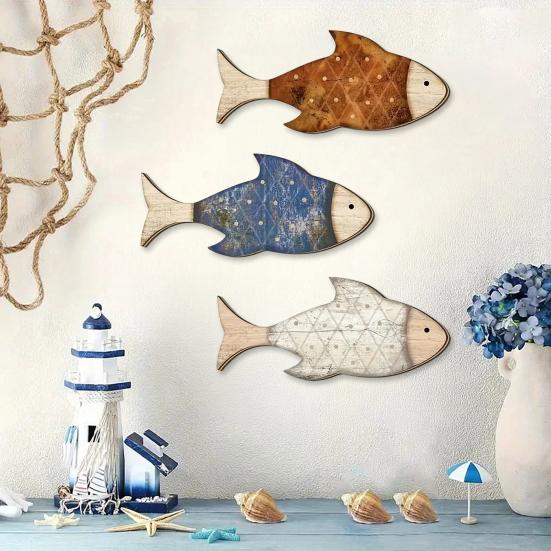 3 Pcs Rustic Wood Fish Wall Art Beach Nautical Wall Hanging Decor Ocean Fish Wall Sculpture for Home Bathroom Living Room