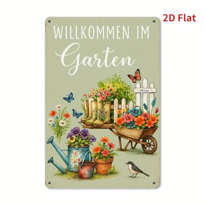 Welcome To the Garden Decorative Metal Sign In German  Charming Iron Wall Art with Floral and Bird Design  Perfect for Hom