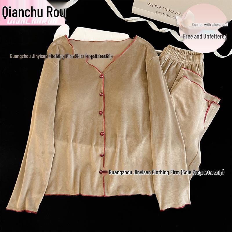 

Women s High-End Warm Sea Island Velvet Pajamas Set - Long-Sleeved Cardigan with Chest Pads and Long Pants for Indoor/Outdoor Wear Size 4 [115-145 lbs]