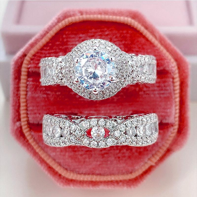Double-Layer Micro-Inlaid Zircon Set Ring, Luxury Party Wedding Hand Ring, Hollow Design Double Ring