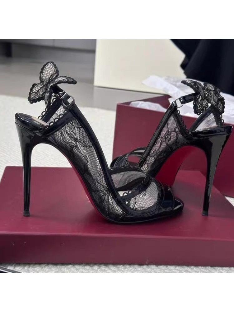 2025 Summer New Fish Mouth Lace Black High Heels Women's Thin Heels Sexy Queen Bow Strap Sandals