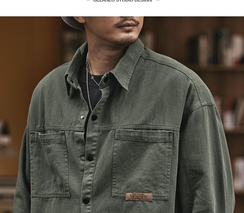Men's Retro Military Green Heavy Work Shirt Jacket - Autumn Casual Loose Fit, Long-Sleeved