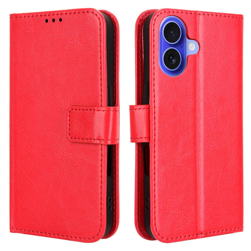

For iPhone 16 Case Crazy Horse Texture PU Leather Phone Wallet Cover Red