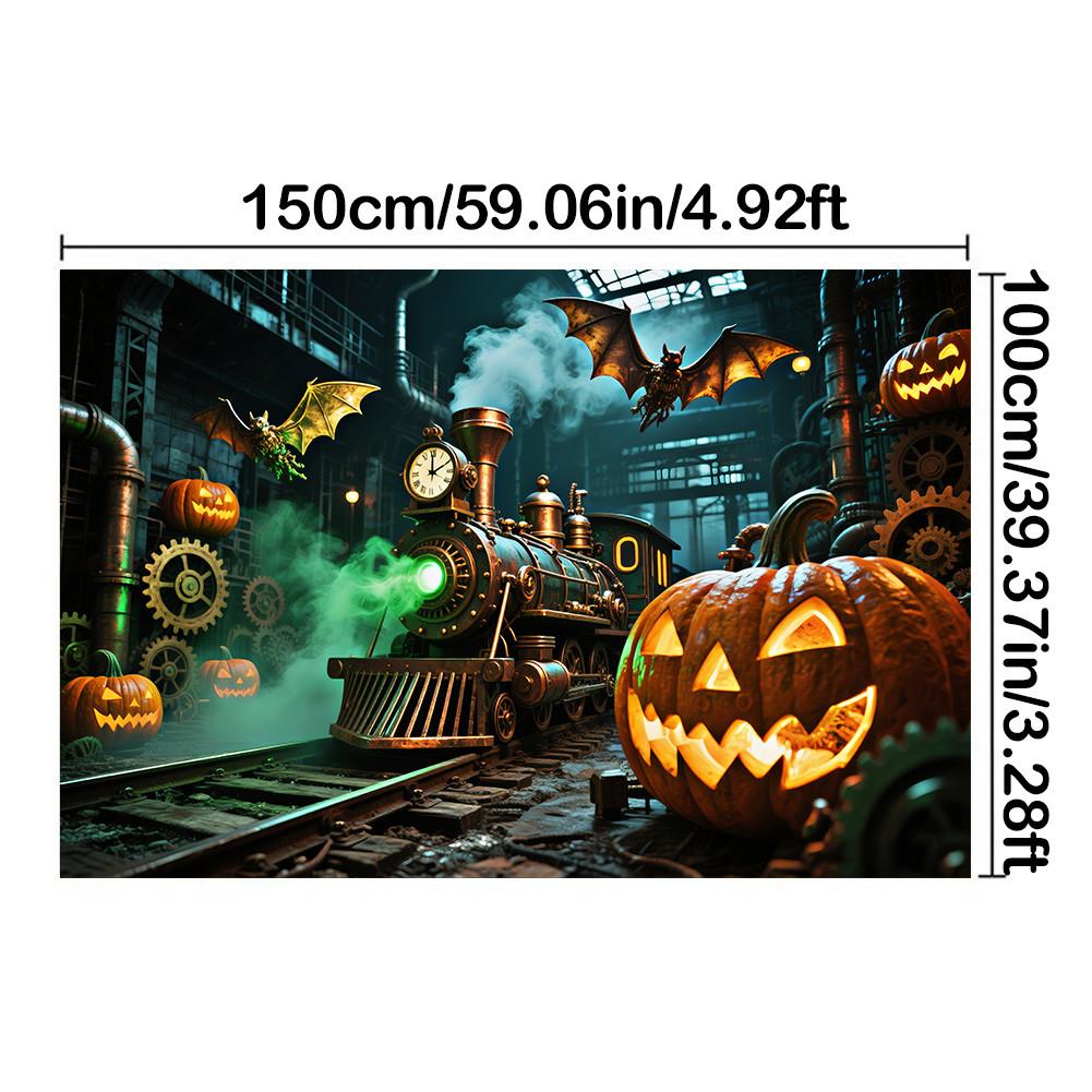 

Баннер для Хэллоуин-вечеринки - Техно-стиль - Дизайн с поездом, тыквой-фонарем, летучей мышью для фотобудки, вечеринки, декора на Хэллоуин, праздничного мероприятия 150*100cm/59*39in/5*3ft