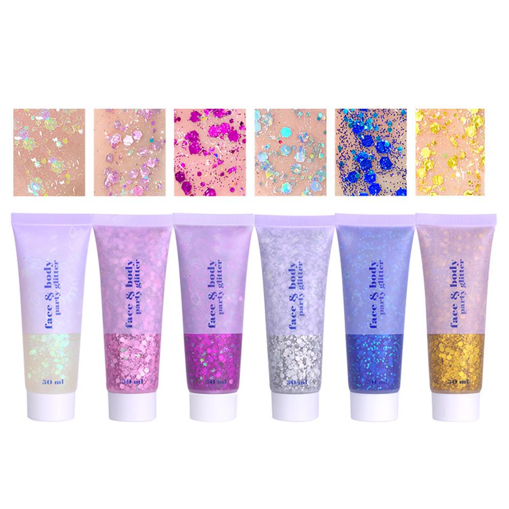 6 Color Sequins Glitter Body Gel 50ml Glitter Liquid Festival Glitter Cosmetic Face Hair Nails Makeup Long Lasting