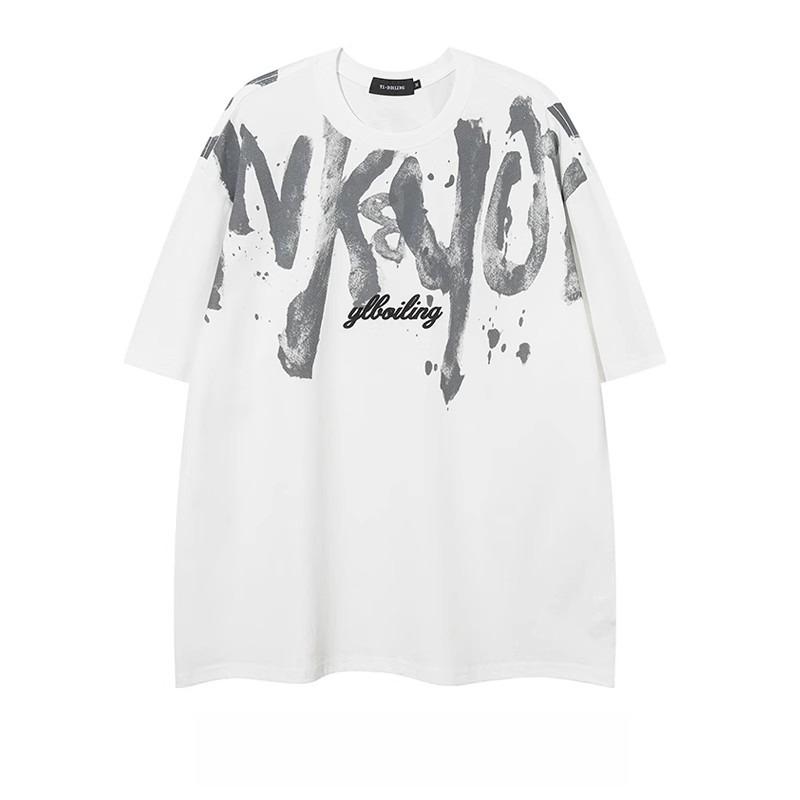American Heavyweight Cotton Men's Short-sleeve T-shirt, Plus Size, Summer Hip-hop Style, Eye-catching Streetwise Look with Large Letters