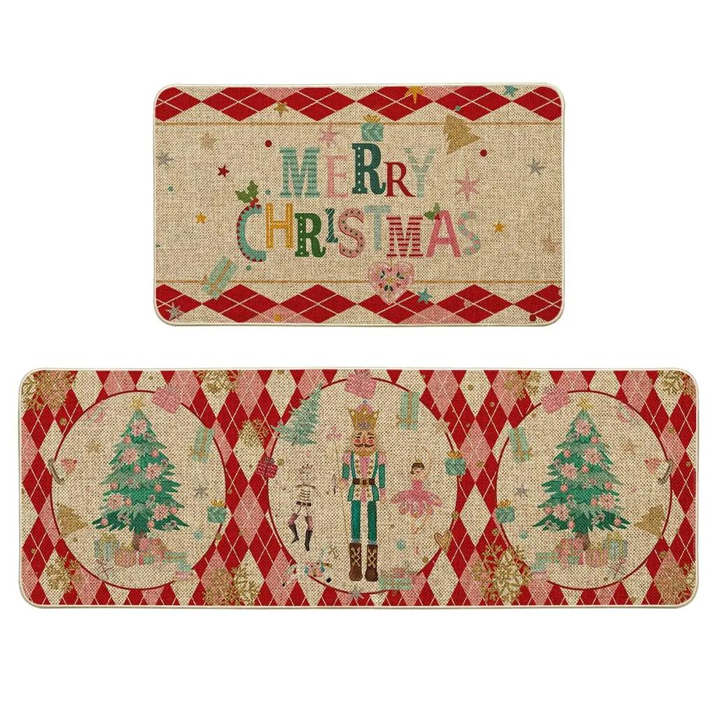 2pcs Christmas Kitchen Rug - Nutcracker Christmas Happy Mat - Slip-Resistant And Easy To Clean - Home Decoration