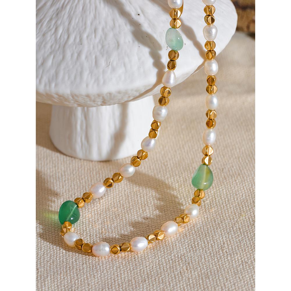 Yhpup Natural Freshwater Pearl Stone Vintage Stainless Steel Beads Handmade Chain Gold Color Collar Jewelry Bijoux Female Gift