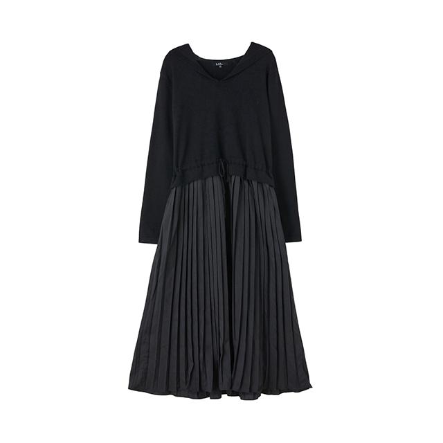 LAP Sailor Collar Contrast Pleated Knit Dress Ar1Wo220