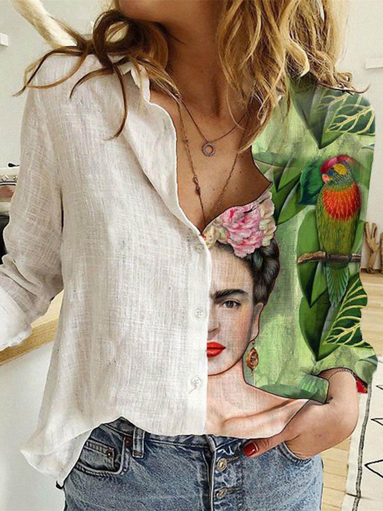 Fashion Stitching Retro Face Print Long Sleeve Blouse Women Lapel Button Casual Top Lady Shirts