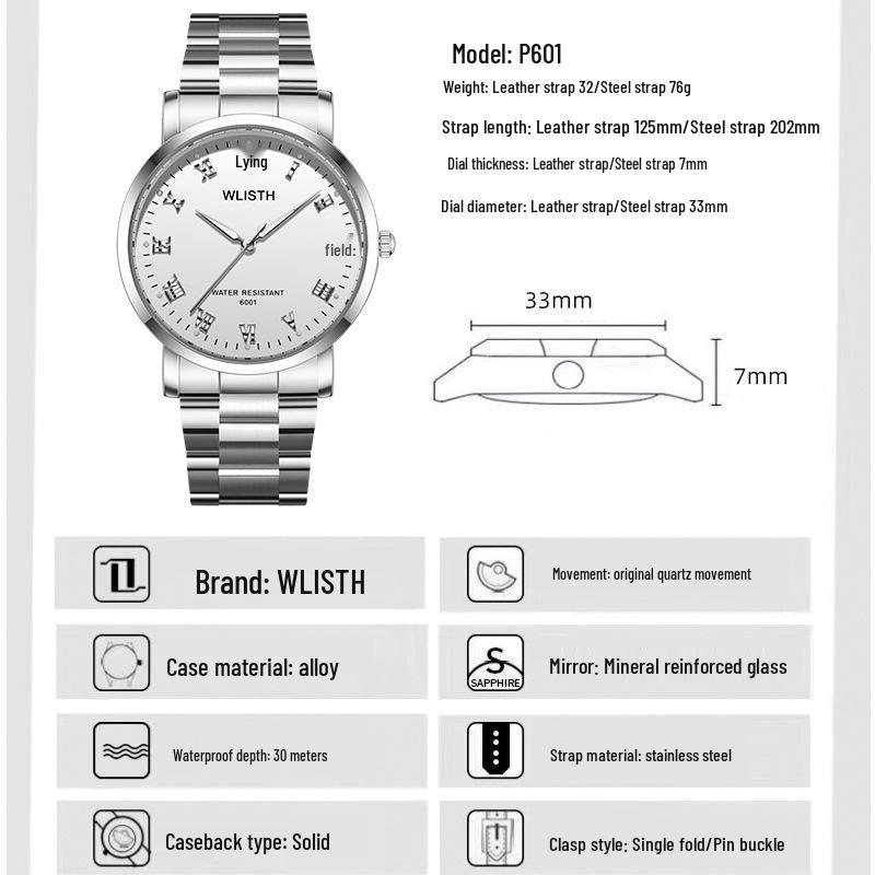 WLISTH Unisex Minimalist Luminous Watch with Steel & Leather Bands