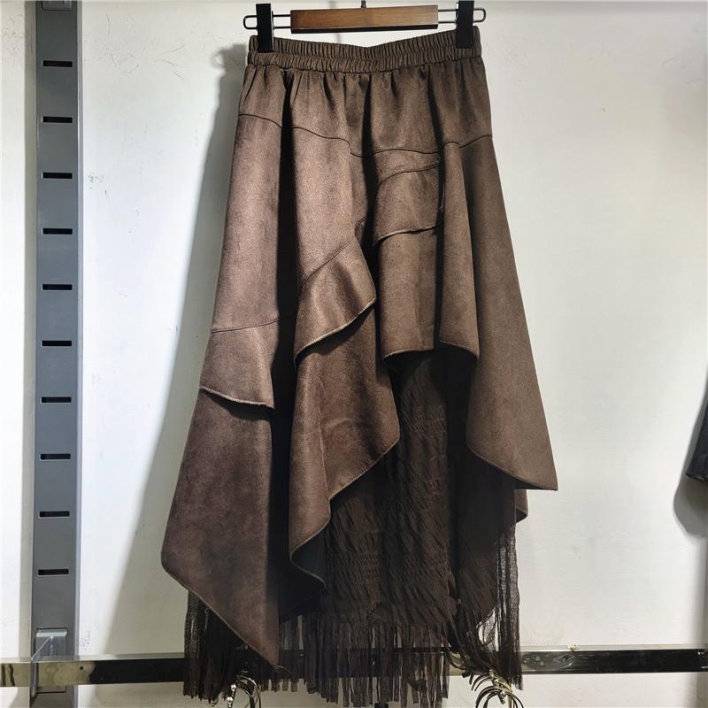 2025 Retro Suede Patchwork Lace Midi Skirt: New High-Waist Layered Design for Autumn/Winter