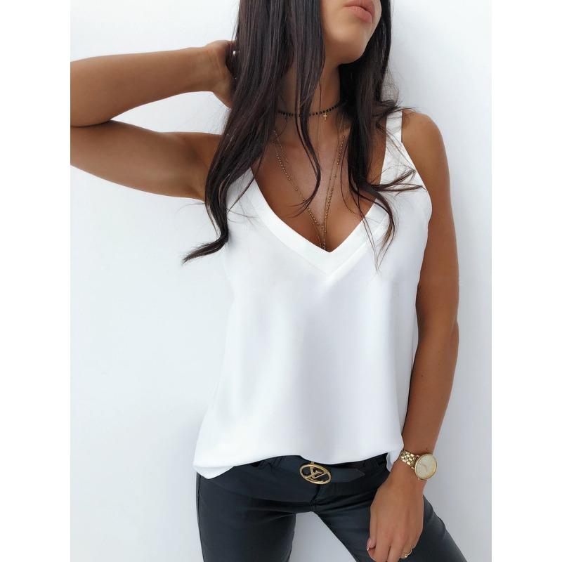 

Модная летняя майка без рукавов с V-образным вырезом, свободная, с открытой спиной, однотонная, элегантная, повседневная, простая офисная рубашка, женские майки, базовая женская одежда L белый