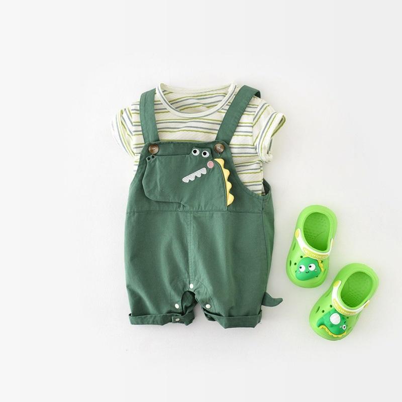 Cute  Dinosaur Baby Romper Set With Hat  Socks - Summer Striped T-shirt  Overalls For Infants