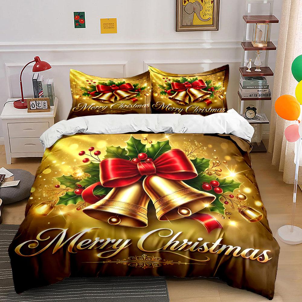 Golden Bells Merry Christmas Bedding Duvet Cover Set Duvet Cover Pillowcases (1*Duvet Cover 2*Pillowcases, Without Duvet Insert)