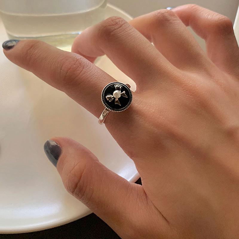 Korean-Japanese Retro Geometric Pearl Open Ring for Women Adjustable Open