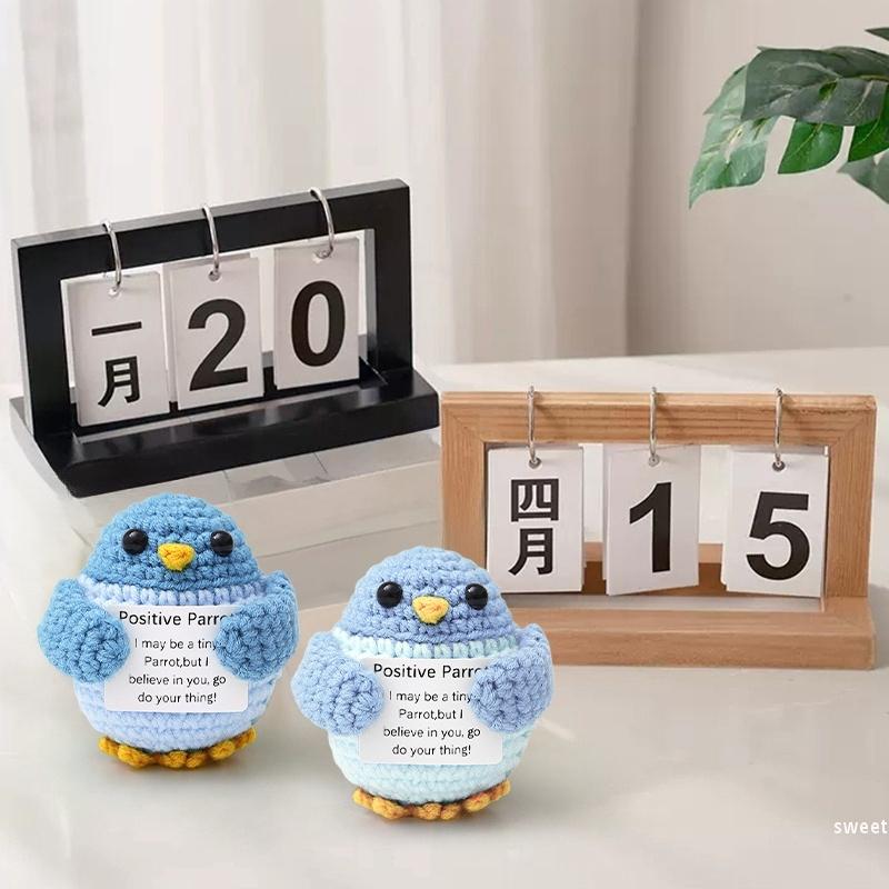 Funny Crochet Animal With Positive Card Ornament Handmade Knitted Ducks Fox Sheep Turtle Desk Figurine Creative Crochet Gift