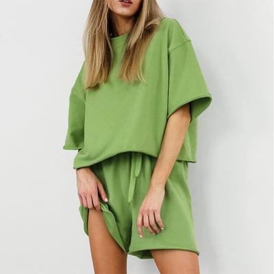 Green Shorts Casual Sports Set Women's Round Neck Short Sleeved Top Lace-up Shorts Solid Color Two-piece Set Daily Comfort Suit 2025 Spring/Summer