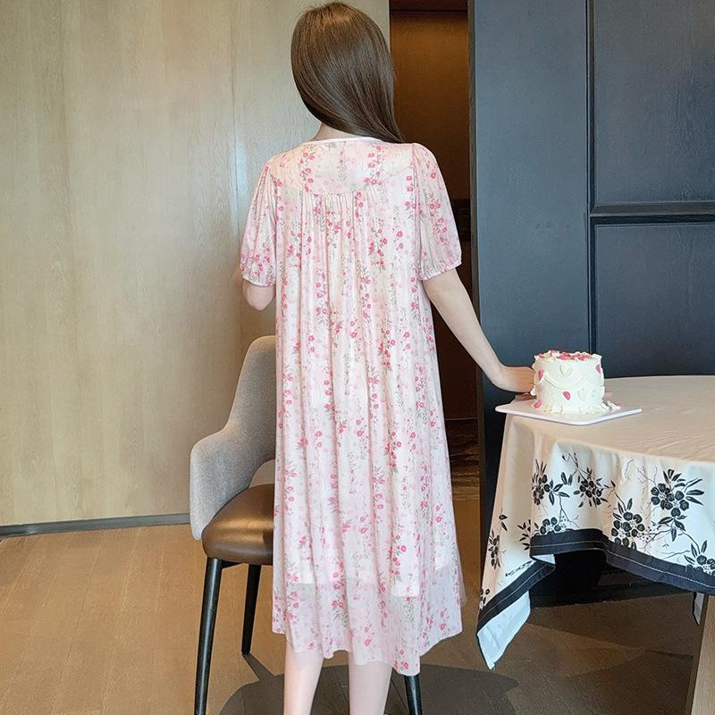Linglei Summer Princess Style Mesh Short-Sleeved Nightdress Court Style Lace Japanese Printed Pajamas Loungewear Women