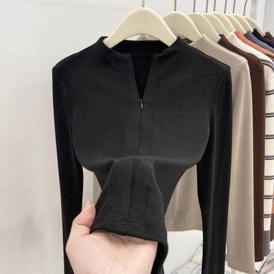 Stylish Women's Brushed Long-Sleeve Half-Zip Slim Fit T-Shirt - Solid Color for Autumn/Winter