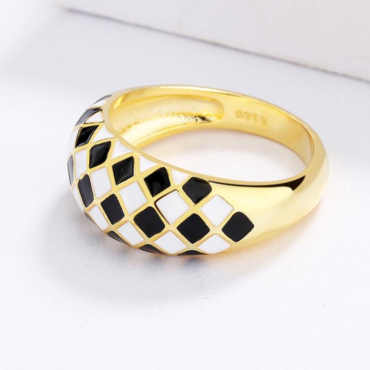 Checkerboard Chic Womans Ring Black and White Fashion Handcrafted Enamel Handcrafted Party Simple All Accessorized Ring