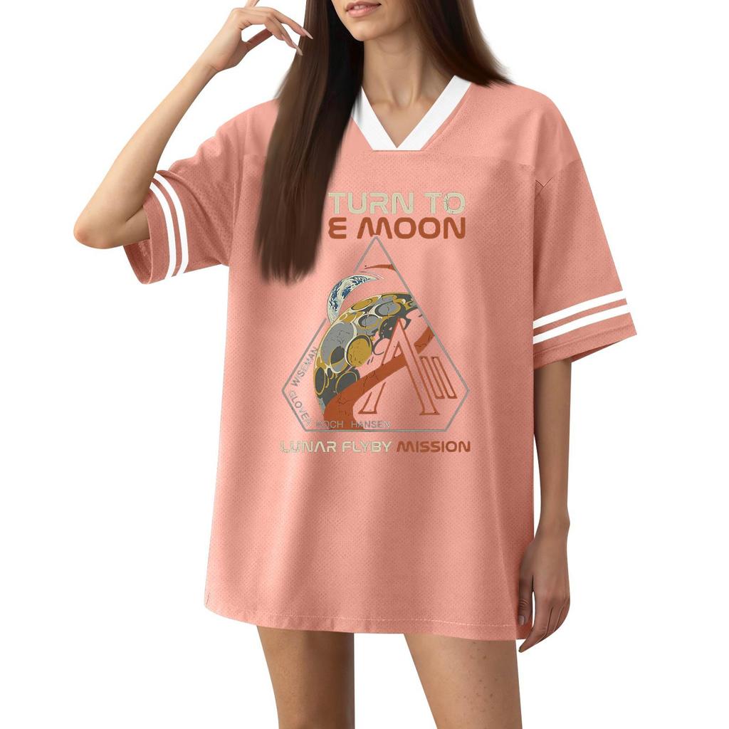 Women Fashion Short Sleeve V Neck Printed Sports Jersey T Shirt Top Casual Loose Fit Lightweight Breathable Fabric