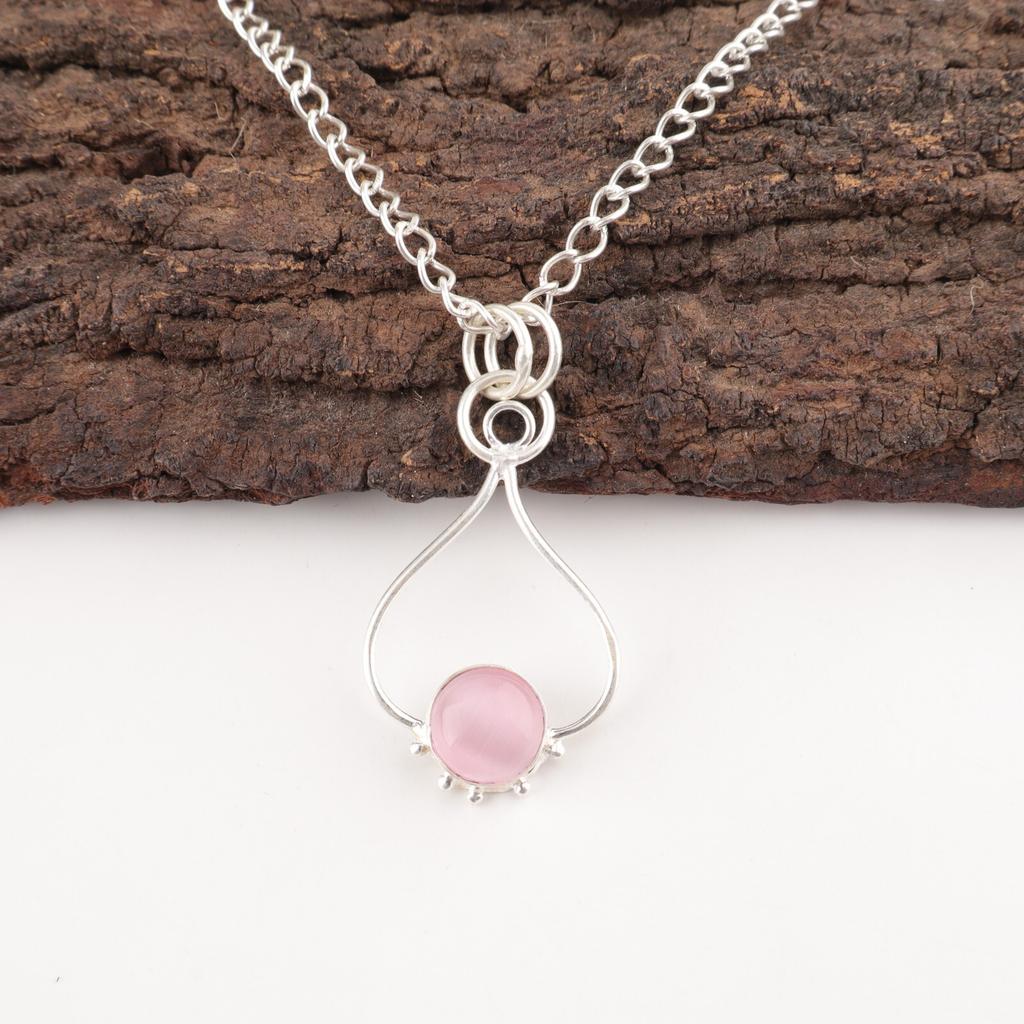 Round Pink Cat'S Eye Gemstone Mother Gift Wedding Pendant 925 Sterling Silver PP-40-48