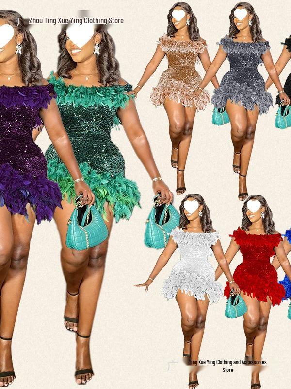 European & American Women's Summer Sequin One-Shoulder Backless Beach Dress - Hot Girl Feather Bodycon Style