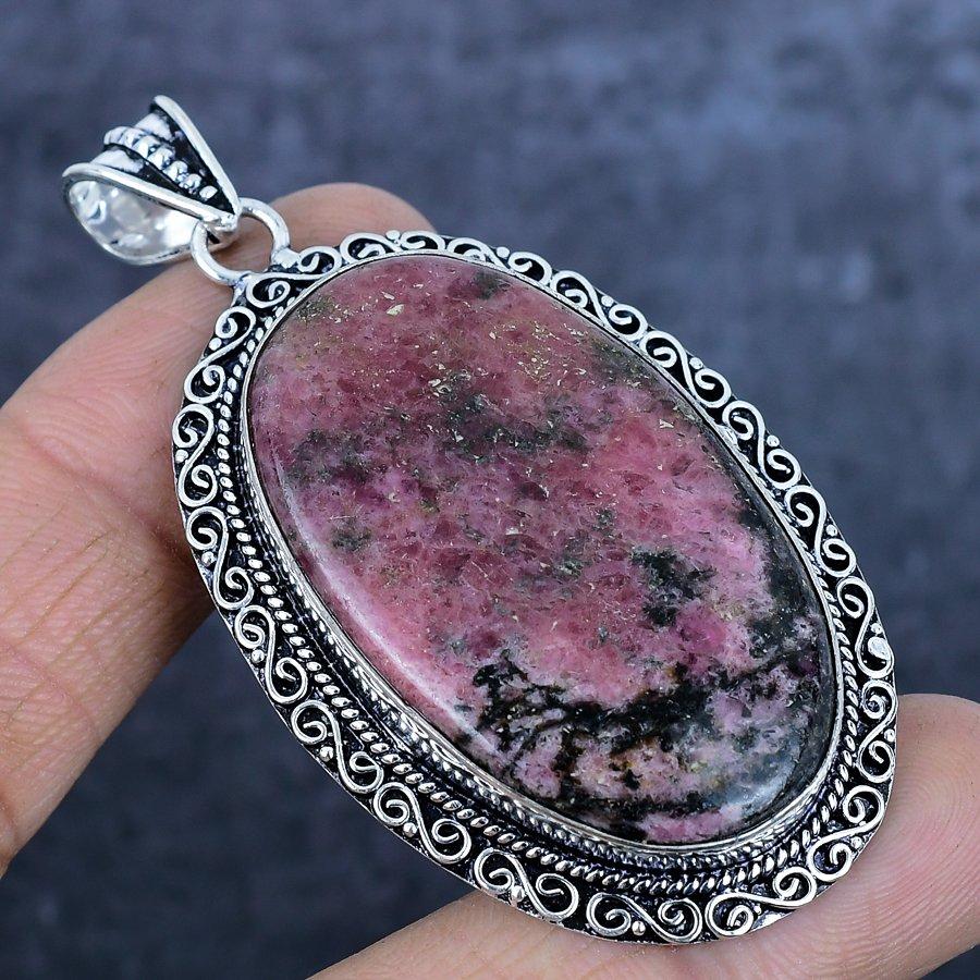 Pedra Preciosa Rodonita Natural Prata de Lei 925 Joia Pingente 2,80" m4B92