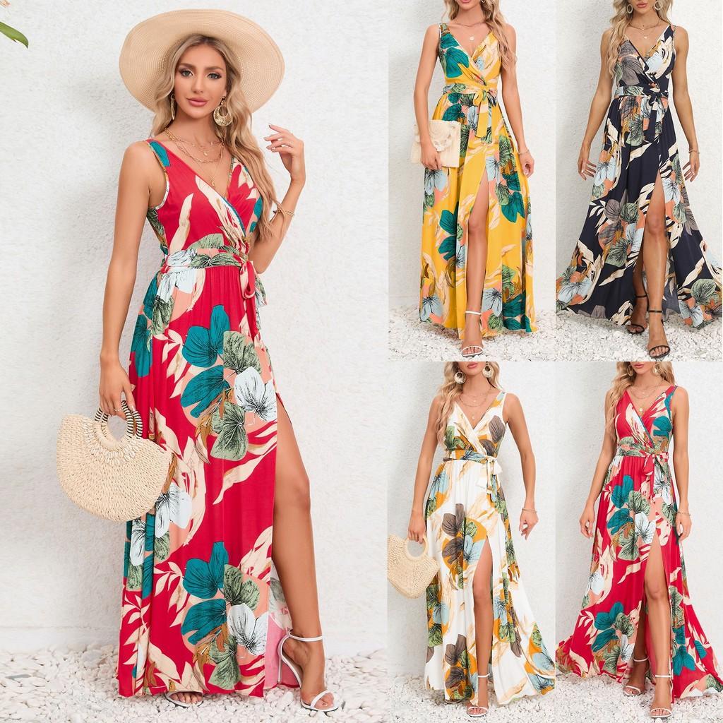 

Women Fashion Casual Elegant Sleeveless Suspender Strap Floral Flowers Print Party Maxi Long Dress