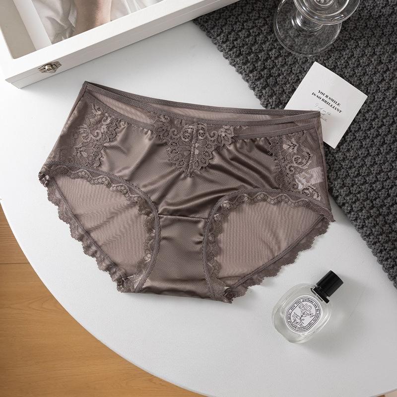 Lady Summer Sexy Pure Want Hollow Lace Pearlescent Satin Middle Waist Triangle Briefs