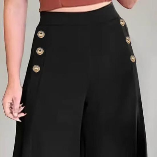 Women Pants Elastic High Waist Buttons Decor Solid Color Trousers Wide Leg Loose Fit Casual Pants Work Travel Daily Wear