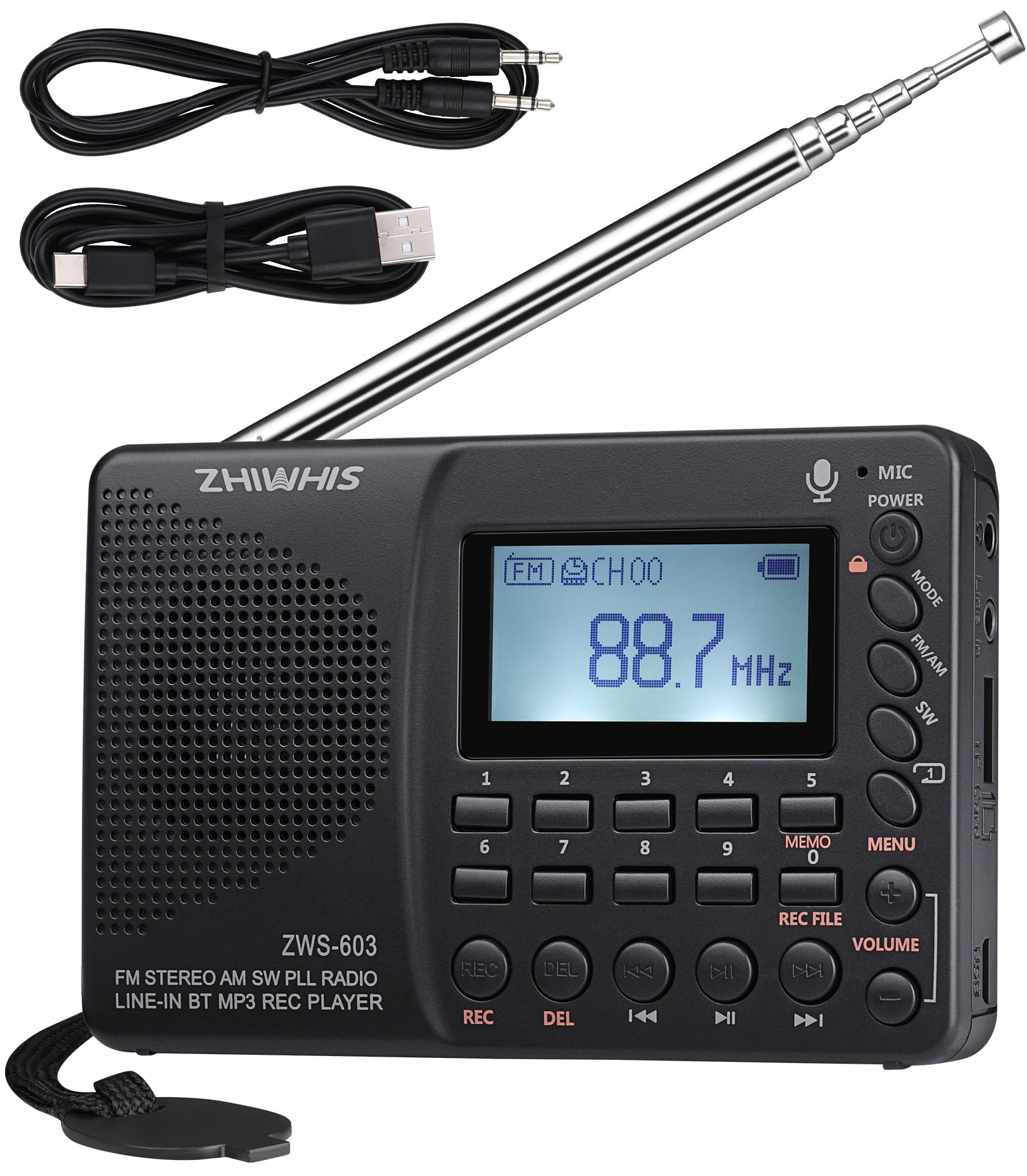 

ZHIWHIS Новий радіоприймач-рекордер ZWS-603, Bluetooth MP3-плеєр, підтримка FMAMSWWide FM, портативний багатофункціональний, з можливістю заряджання через USB-C, таймер сну, технічний