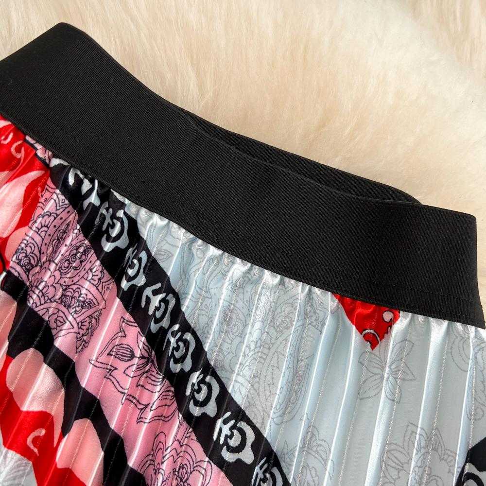 Jupe d'été taille haute slim mi-longue au-dessus du genou imprimée A-line plissée taille élastique jupe ample