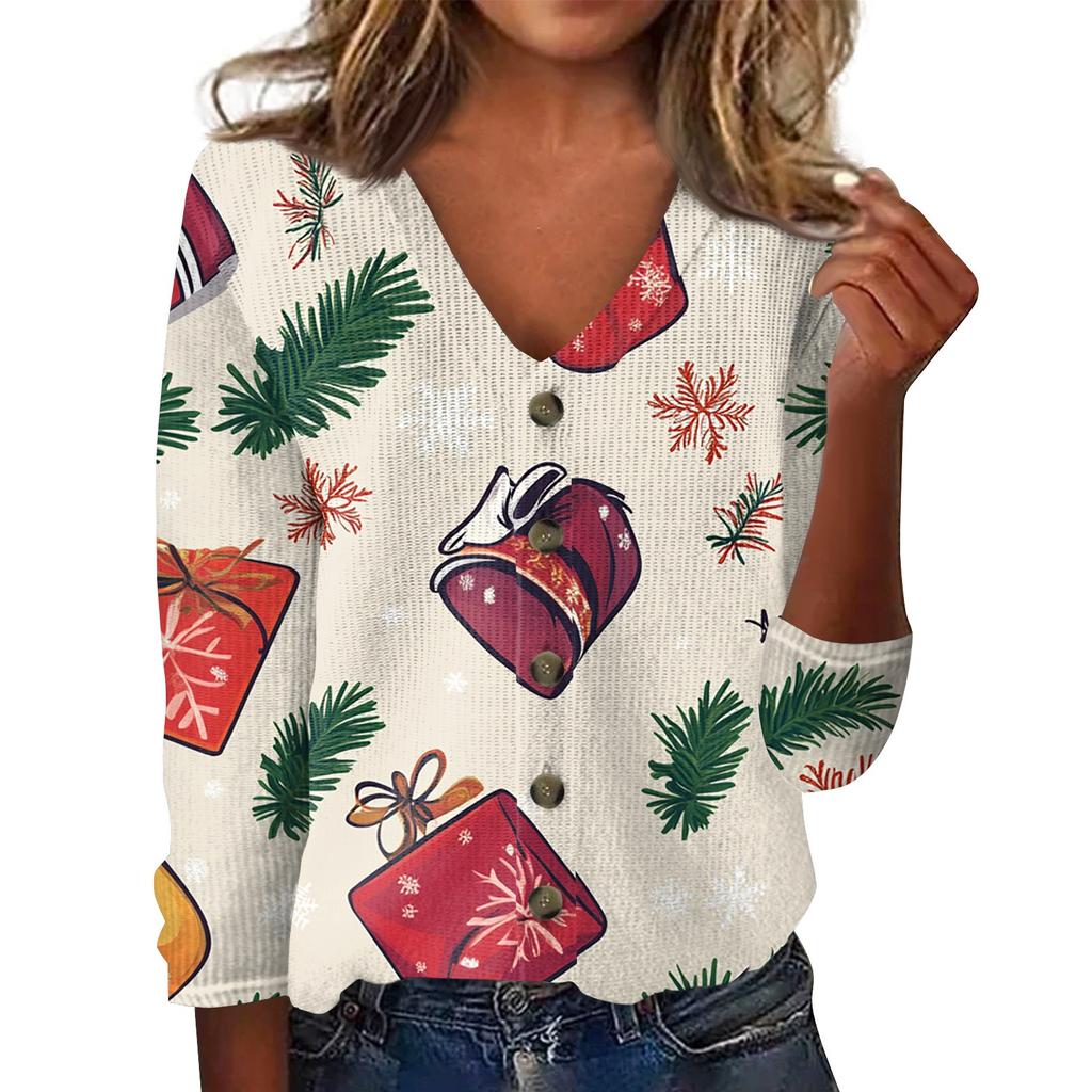 Damen Mode Print Langarm Strickjacke mit Knopfleiste