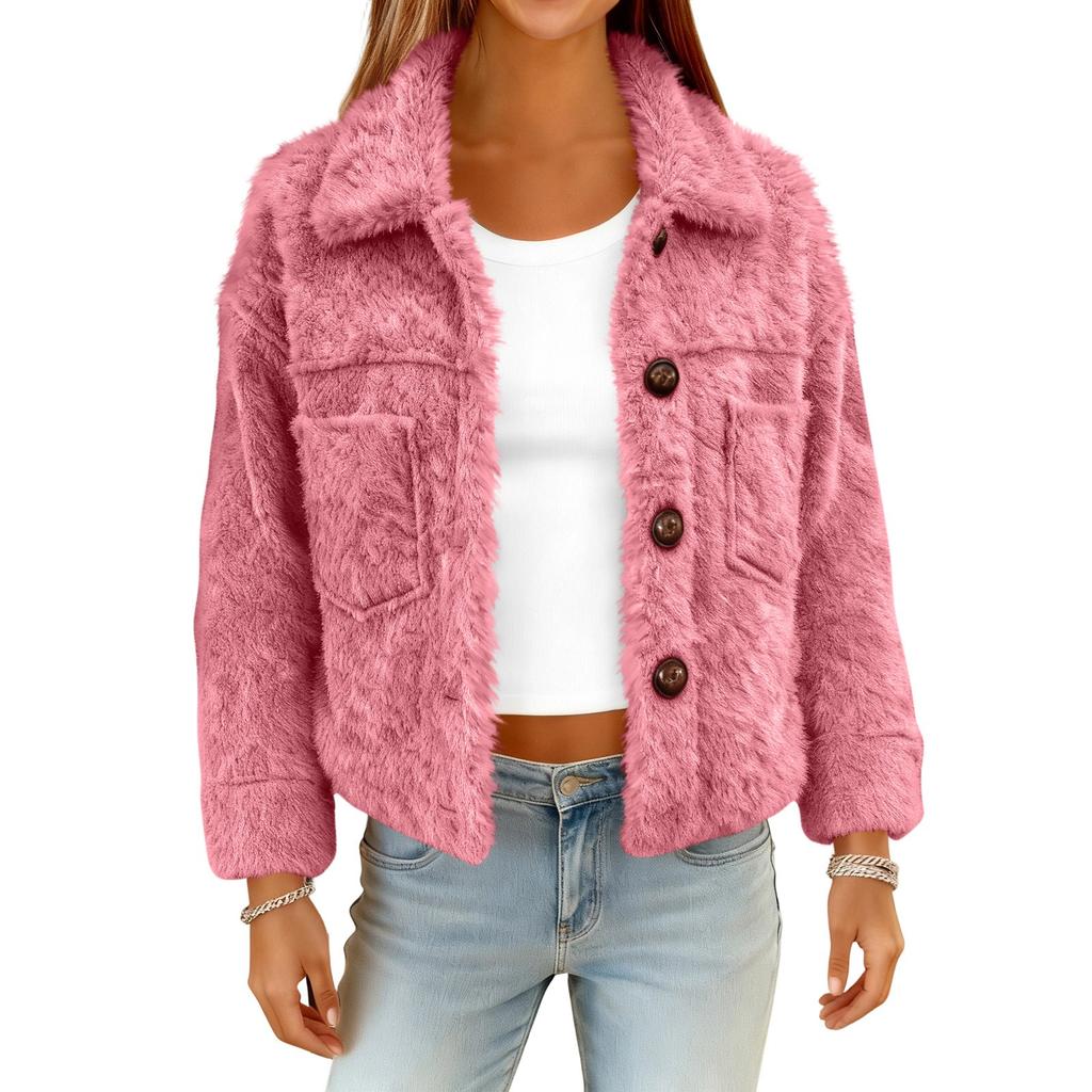 Women's Fashionable Solid Color Long Sleeved Pocket Plush Warm And Loose Casual Short Jacket