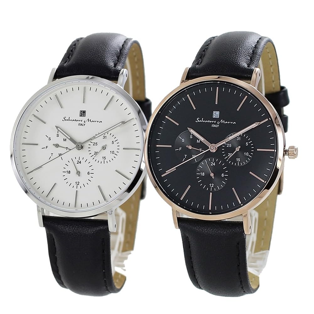 Watch Pair Watch Storage Box Same Size Unisex Analog Date Calendar Black Leather Strap [Salvatore Mara] Men's Women's Sm22102-sswhsm22102-pgbk []